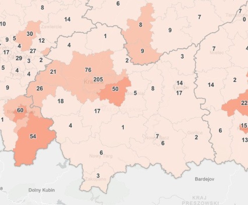 Nowe potwierdzone przypadki zakażeń w Małopolsce (dane z...