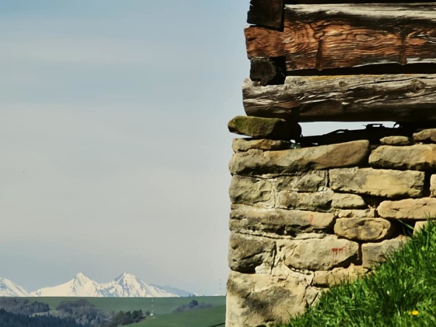 Tatry widziane z Muszyny i wiosenny pejzaż u ich podnóża