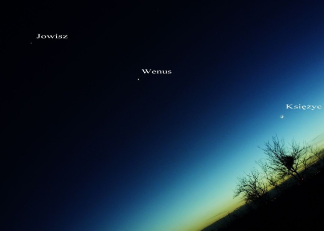Zdjęcie wykonane w lutym 2012 roku podczas opozycji Jowisza, Wenus i Księżyca. Fot. Sylwia Legutko
