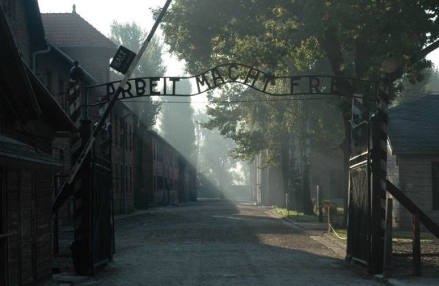 Holenderka z zarzutem propagowania nazizmu pod bramą „Arbeit Macht Frei”.