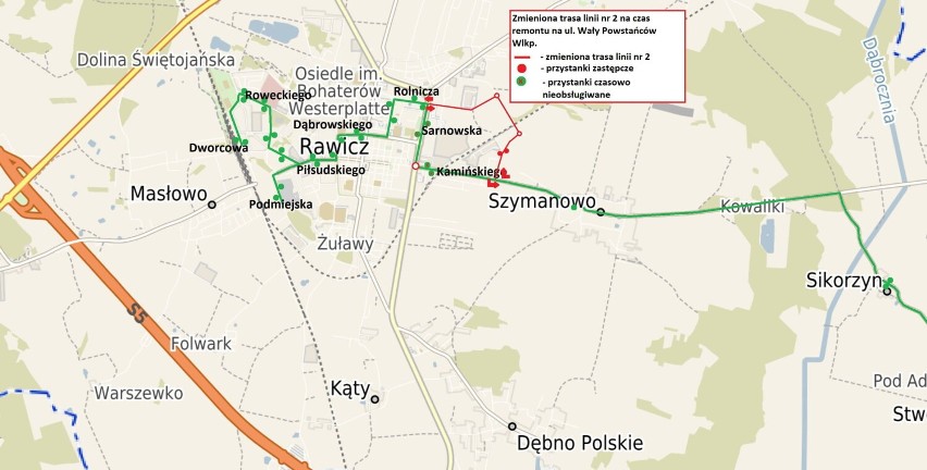 Mapa objazdu autobusów linii nr 2 rawickiej komunikacji miejskiej
