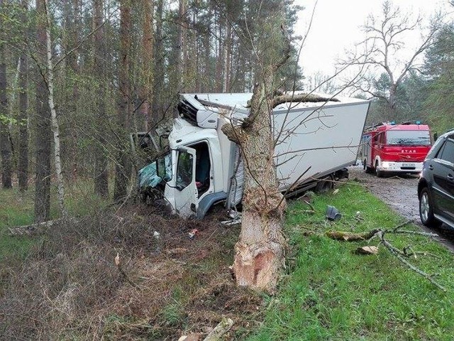 W Skwierzynie samochód ciężarowy zjechał na pobocze i uderzył w drzewo.