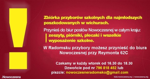 Radomsko: Nowoczesna prowadzi zbiórkę darów dla poszkodowanych w wichurach