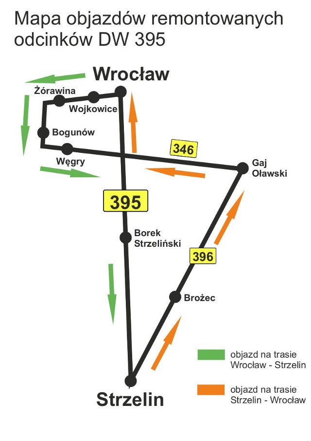 Droga Wrocław - Strzelin: Mapa objazdów