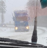 Na Sądecczyźnie ciężkie warunki po burzy śnieżnej. W kilku miejscach tiry blokują drogę, a strażacy są wzywani do powalonych drzew 