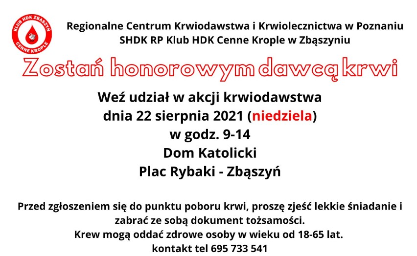 Zbąszyń: Sierpniowa akcja krwiodawstwa już w niedzielę. Pomóżmy chorym wrócić do zdrowia! 