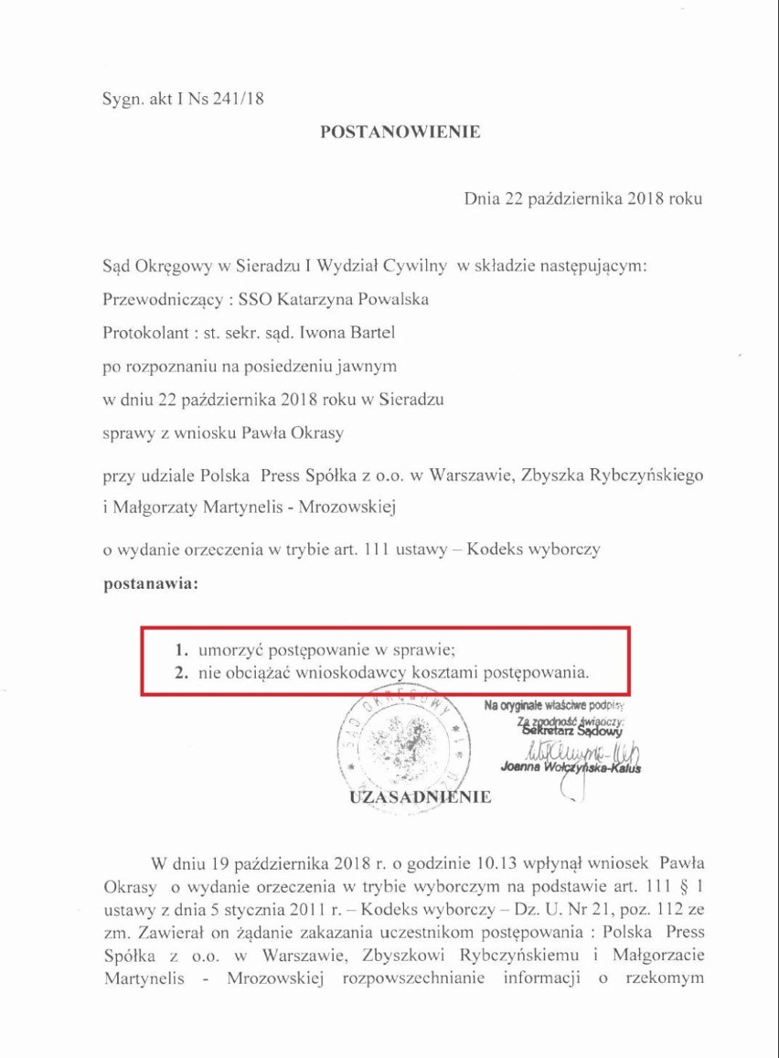 Paweł Okrasa żądał od redakcji portalu Wielun.Naszemiasto.pl sprostowania i przeprosin. Sąd umorzył sprawę