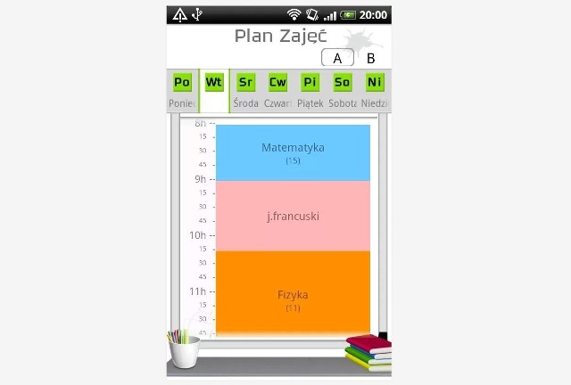 Plan zajęć / lekcji

Co oferuje aplikacja:
-&nbsp;Widget
-&nbsp;Tydzień A/B
-&nbsp;Numery sal
-&nbsp;Kolory dla tematów
-&nbsp;Możliwość ustawiania dni i godzin wyświetlanych
-&nbsp;Jest czytelny i łatwy w użyciu !

Pobierz