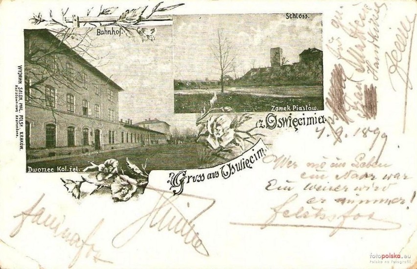 Kartka pocztowa z Oświęcimia z 1899 roku z dworcem kolei...