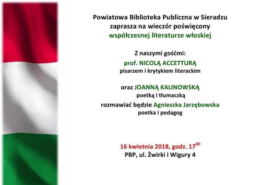 O włoskiej literaturze w sieradzkiej PBP. Spotkanie w bibliotece w poniedziałek 16 kwietnia