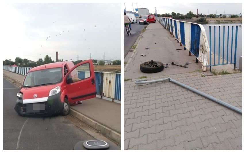 Wypadek na tamie we Włocławku. Samochód uderzył w bariery ochronne i znak drogowy [zdjęcia]