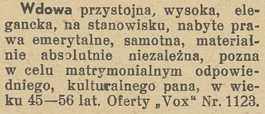 Ogłoszenia matrymonialne z lat 30. "Panienka, ładniutka, jasna blondynka...". Ogłoszenia pań