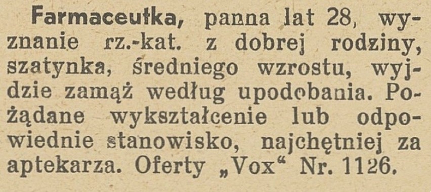 Ogłoszenia matrymonialne z lat 30. "Panienka, ładniutka, jasna blondynka...". Ogłoszenia pań