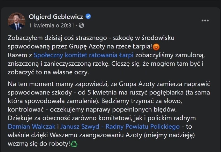 Grupa Azoty Police chce, aby marszałek Geblewicz przeprosił. Powodem wpis w mediach społecznościowych