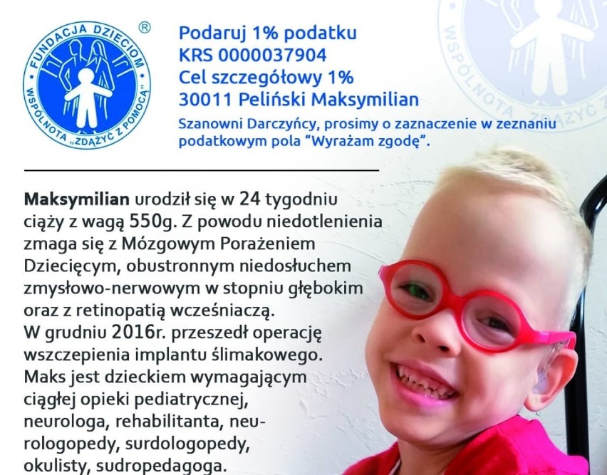 Maksymilian Peliński prosi o Twój 1 procent. Chłopiec walczy z niepełnosprawnością 
