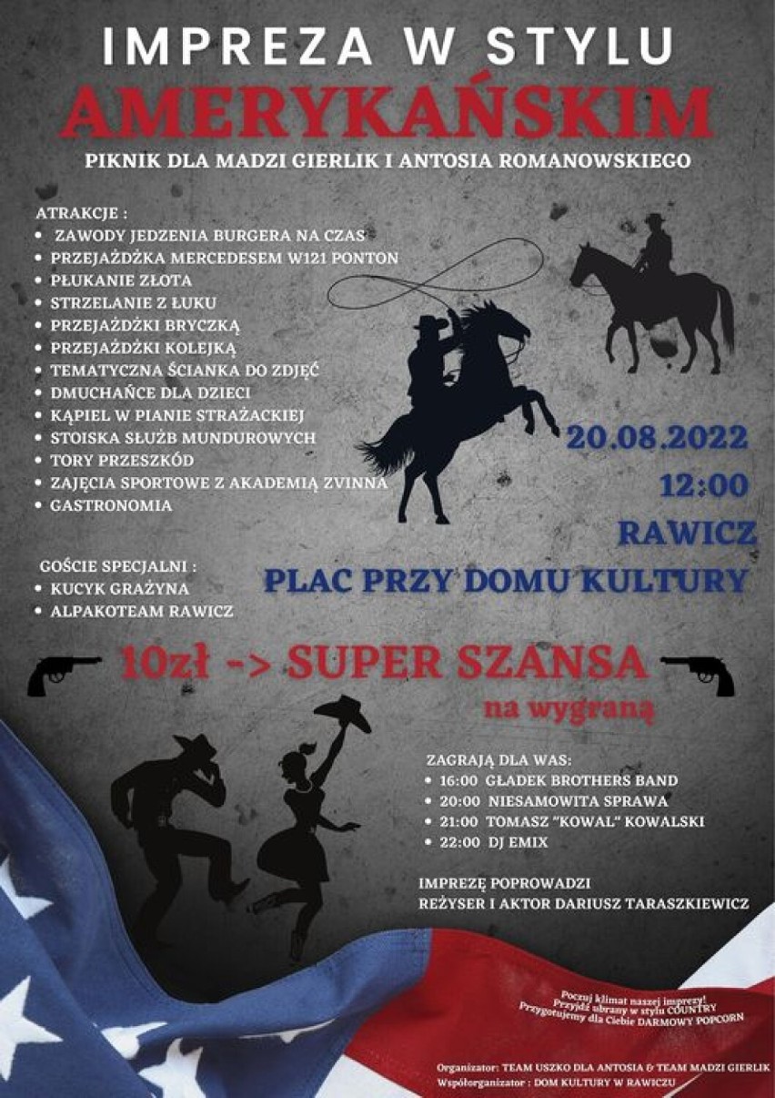 Plakaty promujące wydarzenia odbywające się w powicie rawickim (19-21.08.2022)