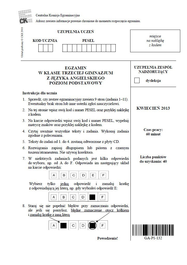 JĘZYK ANGIELSKI
- poziom podstawowy

Odpowiedzi:

ZADANIE...