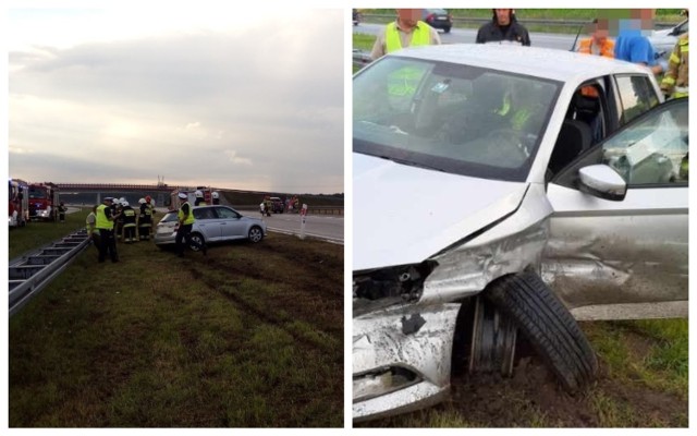 Dwa auta osobowe uszkodzone po wypadku na autostradzie A1 pod Włocławkiem. Skoda po zderzeniu z mercedesem uderzyła jeszcze w bariery ochronne. Na szczęście nikomu nic się nie stało.