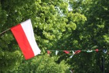  2 Maja w Koninie. Dzień Flagi na ulicach miasta. Biel i czerwień na latarniach, balkonach, urzędach i autobusach 