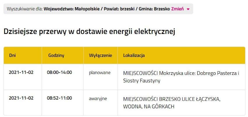 Wyłączenia prądu w powiecie bocheńskim i brzeskim, 2.11.2021