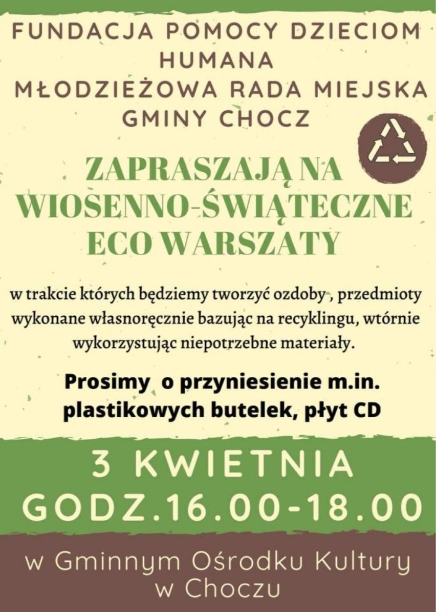 3 kwietnia w sali Gminnego Ośrodka Kultury w Choczu odbędą się Wiosenno-Świąteczne Eco Warsztaty