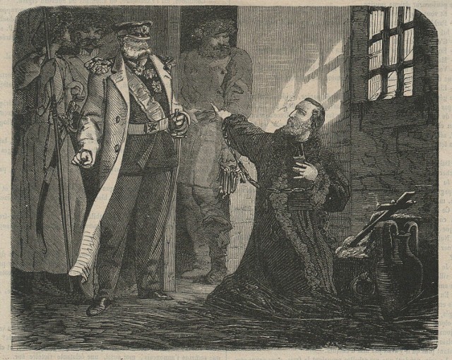 Rosyjscy żołnierze w celi powstańca styczniowego franciszkanina; ze zbiorów Biblioteki Narodowej/grafika francuska z 1864 roku.