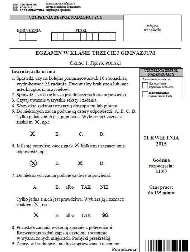 Egzamin gimnazjalny 2015 z CKE. Język polski [ARKUSZE dla osób upośledzonych]