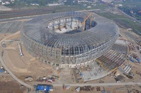 Plac budowy stadionu PGE Arena z lotu ptaka
