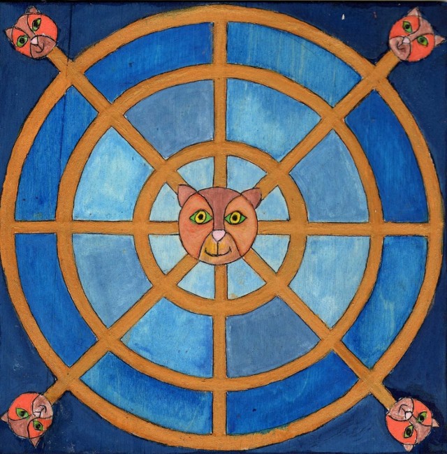 Kocia mandala w błękitach, akryl na desce. Autor : Ewa Łazowska