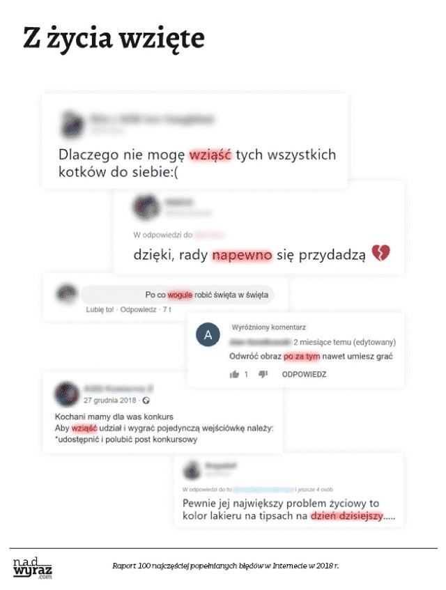 Nadwyraz.com, marka promująca poprawną polszczyznę i literaturę, opublikowała raport 100 najczęstszych błędów językowych w Internecie w 2018 roku. 

Powstał on z okazji Międzynarodowego Dnia Języka Ojczystego (21 lutego). 

Analiza objęła 182 błędy językowe za okres 12 miesięcy. Łączna liczba otrzymanych i przeanalizowanych błędów wyniosła 4 481 361! Oprócz tradycyjnych błędów językowych pierwszy raz w historii analizie poddano tzw. memobłędy (np. somsiad, hora curka).