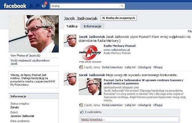 Jacek Jaśkowiak założył profil na  Facebooku w miniony weekend