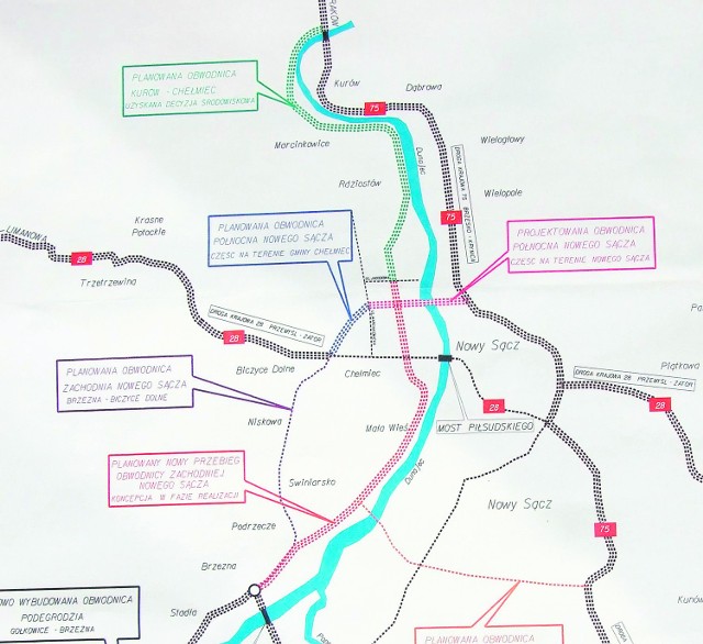 Mapa przygotowana przez gminę Chełmiec z proponowanymi odcinkami obwodnicy