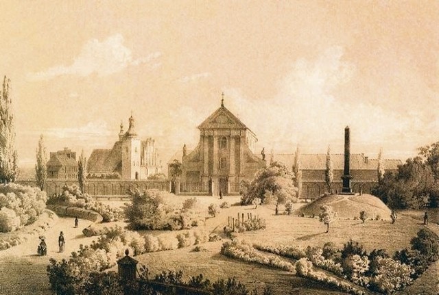 Widok na pomnik Unii Lubelskiej i kościół Kapucynów. Obraz Adama Lerue z XIX wieku.