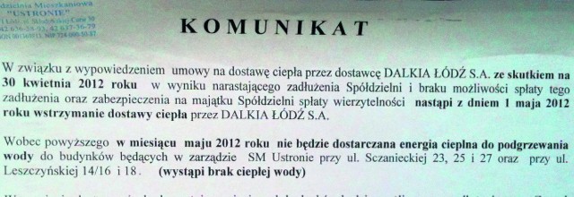 Komunikat wywieszany w blokach spółdzielni Ustronna.