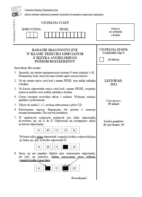 Próbny egzamin gimnazjalny: Język angielski rozszerzony (ODPOWIEDZI I ARKUSZ)