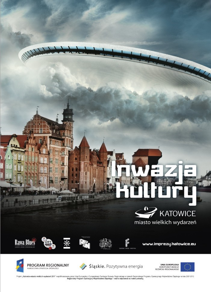 Plakat promujący akcję Inwazja kultury. Katowicki Spodek...