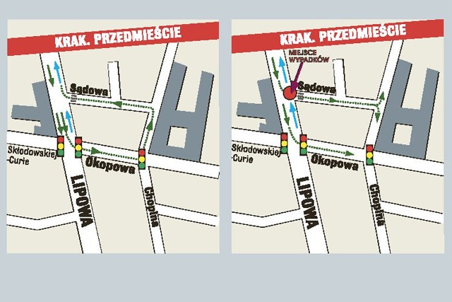 Propozycja Czytelnika (mapka po lewej stronie) zakłada zakaz wjazdu w ul. Sądową od ul. Lipowej i zmianę kierunku jazdy na Sądowej. Można byłoby wjeżdżać w nią tylko od Chopina, a wyjeżdżać z nakazem skrętu w prawo w ul. Lipową.Prawa mapka pokazuję obecną organizację ruchu