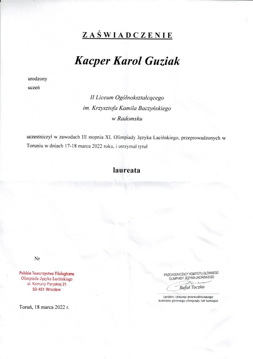 Olimpijskie sukcesy Kacpra Guziaka z II LO w Radomsku! ZDJĘCIA
