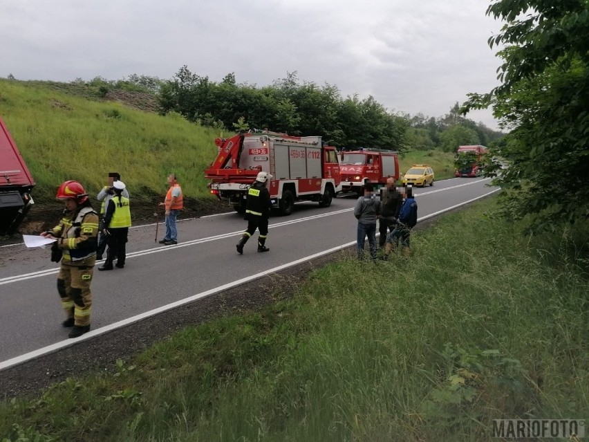 Wypadek w Malerzowicach Wielkich na krajowej 46. Ciężarówka zjechała z drogi i przewróciła się na bok