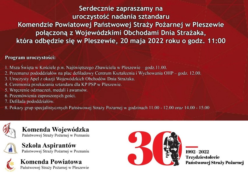 Pleszewscy strażacy zapraszają na uroczystość nadania sztandaru Komendzie Powiatowej PSP