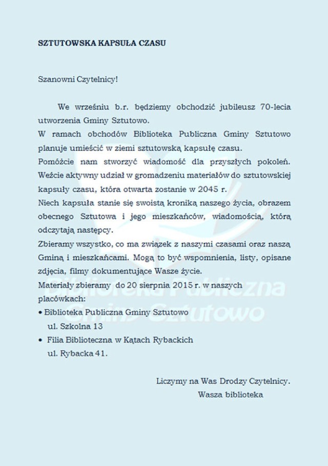 Sztutowo. Wrzesień będzie jubileuszowym miesiącem dla gminy Sztutowo. Nadmorski samorząd będzie świętował 70 rocznicę swojego utworzenia. Z tej okazji Biblioteka Publiczna Gminy Sztutowo zaplanowała niezwykłą i niecodzienną akcję.