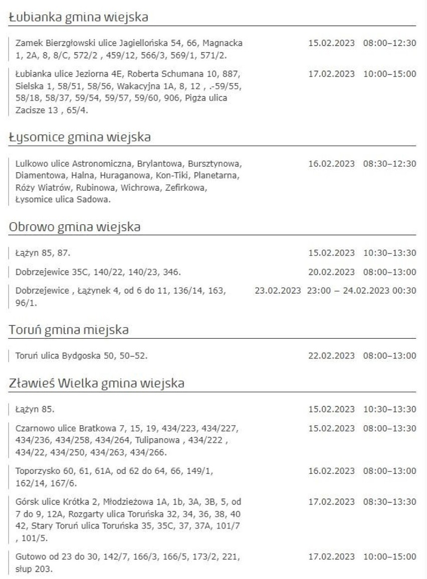 Tu nie będzie prądu w Kujawsko-Pomorskiem [miasta, gminy - 18.02.2023]