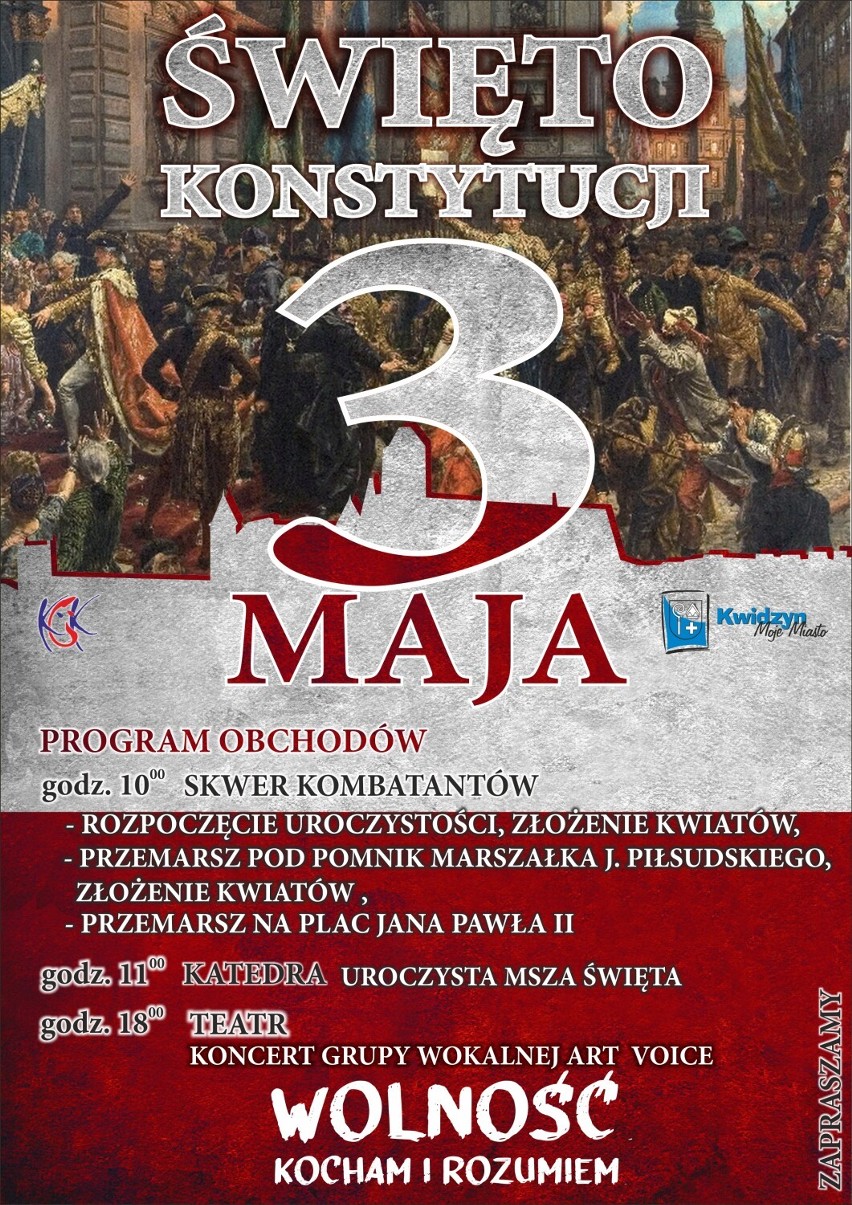 Kwidzyńskie obchody święta Konstytucji 3-Maja rozpoczną się na Skwerze Kombatantów. Oprócz złożenia kwiatów odbędzie się też koncert
