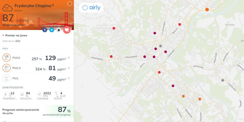 Gorlice. Czujniki czystości powietrza w mieście świecą na bordowo. To nie jest dobry wieczór na spacer [Stan 18 stycznia 2021]