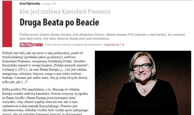 Print screen ze strony tygodnika Polityka z artykułem o Beacie Kempie