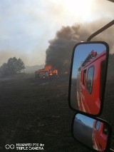 Gigantyczny pożar ścierniska i spalony samochód strażacki w Lubomyślu