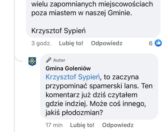 Tak wyglądał wpis zamieszczony na oficjalnym profilu FB Gminy Goleniów