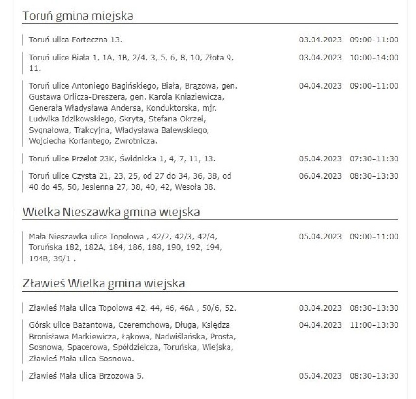 Tu nie będzie prądu w Kujawsko-Pomorskiem [miasta, gminy - 5.04.2023]