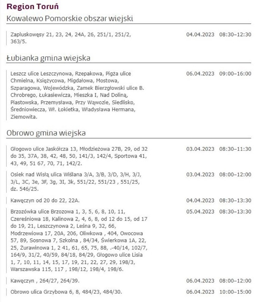 Tu nie będzie prądu w Kujawsko-Pomorskiem [miasta, gminy - 5.04.2023]