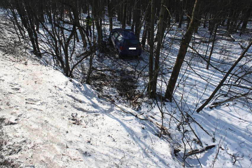 Olkuskie. Kierująca volkswagenem straciła panowanie nad autem i wjechała do lasu